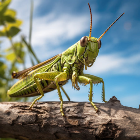 Grasshopper on a tree branch with blue sky background.の素材