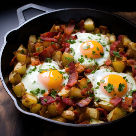 Fried eggs with potatoes and bacon in a cast-iron frying panの素材
