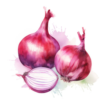 Watercolor illustration of red onions. Hand-drawn illustration on white backgroundの素材