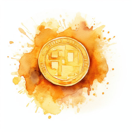 Digital currency physical metal bitcoin coin on watercolor splash background. Digital money. Digital currency.の素材