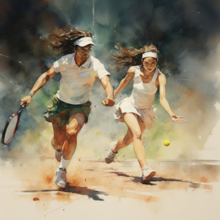 Young couple of tennis players in action on the tennis court. Watercolor painting.の素材