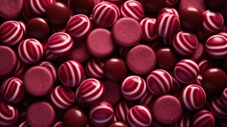 3d render of red round candies with white stripes. Abstract backgroundの素材