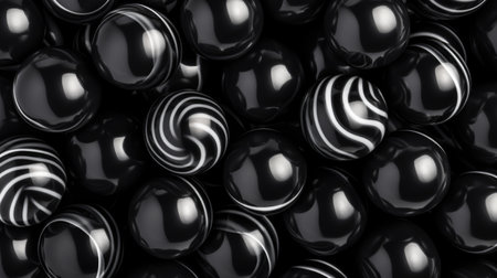 3d render of black glossy balls background. Abstract background with shiny spheres.の素材