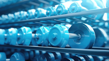 Blue dumbbells in a row on a rack in a gymの素材