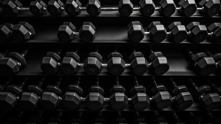 Dumbbells on a rack in a gym, close upの素材