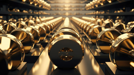 3D rendering of a lot of golden dumbbells in a rowの素材
