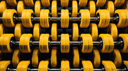 Row of yellow dumbbells on black background. 3d renderingの素材