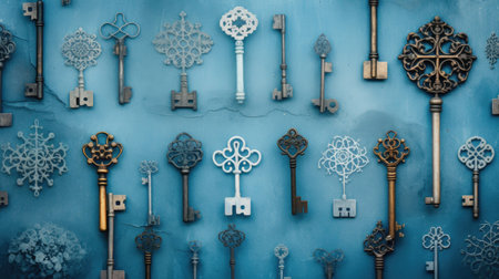 Vintage keys on blue wall background. Top view. Copy space.の素材