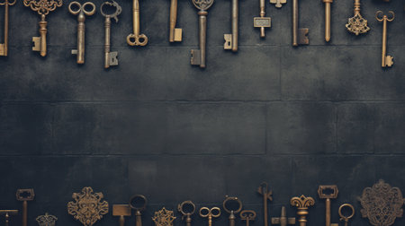 Vintage golden keys on dark background with copy space for text.の素材