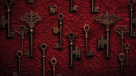 Vintage metal keys on a red background. 3D illustration.の素材