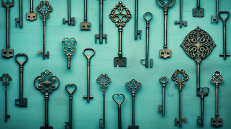 Vintage keys on turquoise wooden background. Toned.の素材