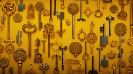 Vintage golden keys on yellow background. Top view, flat layの素材