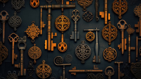 Vintage keys on a dark background. 3d render illustration.の素材