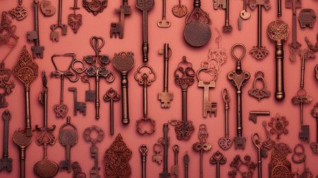 Many different old keys on a pink background. Selective focus.の素材