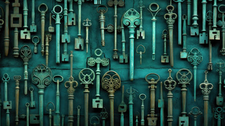 Vintage keys on grunge wall background. Toned image.の素材