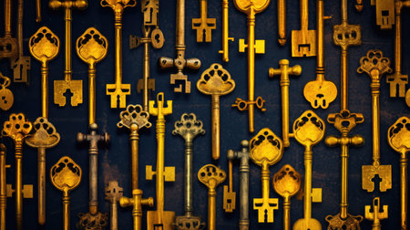 Vintage keys background, close-up. Retro style tonedの素材
