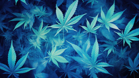 Cannabis leaves background. Top view of marijuana leaves on dark blue background.の素材