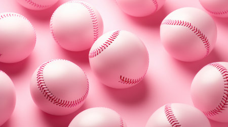 3d rendering of pink baseball balls on a pink background with copy spaceの素材
