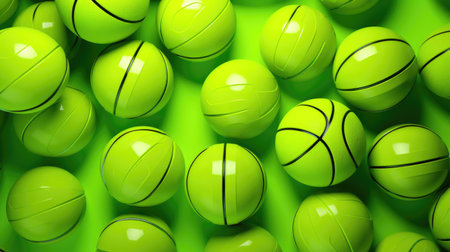 3d rendering of a group of green basketball balls on a green backgroundの素材