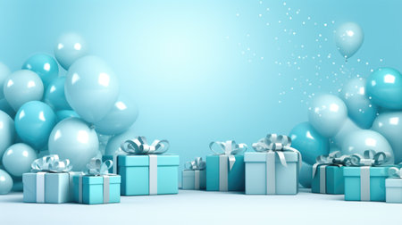 3d render of blue gift boxes with bows and balloons on blue backgroundの素材