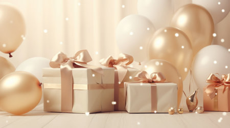 Holiday background with golden and white balloons, presents and ribbonsの素材