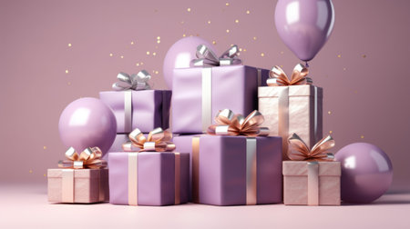 Gift boxes and balloons on pink background. 3D rendering.の素材