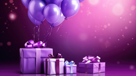 Gift box with purple balloons and ribbons. 3D renderingの素材