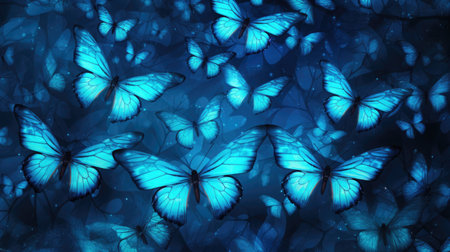 Blue butterflies on a blue background. 3d rendering. Computer digital drawing.の素材
