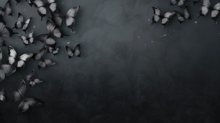 Dark grunge background with black butterflies and space for your text.の素材