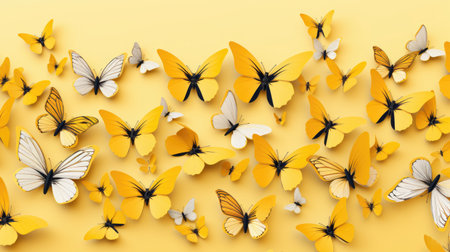 Butterflies flying on yellow background. 3d render illustration.の素材