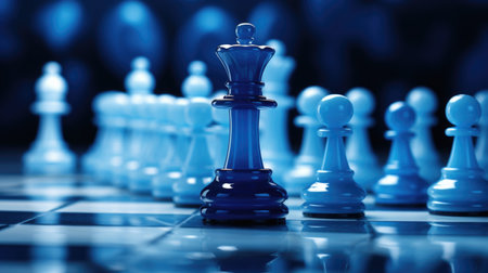 Chess pieces on a chessboard, close-up. Blue tonedの素材