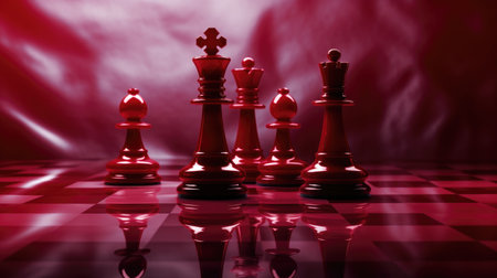 Chess business concept with chess pieces on a chessboard and red backgroundの素材