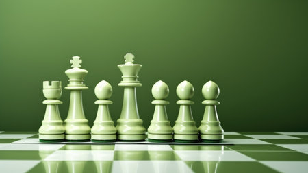 3d rendering of chess pieces on a chessboard with green backgroundの素材