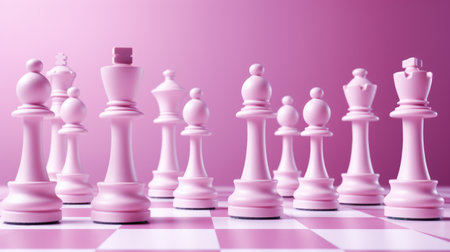White chess pieces on a pink background. 3d render illustration.の素材
