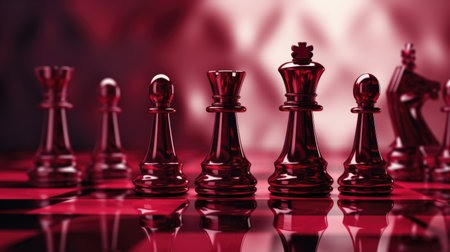 Chess pieces on a chessboard. Red background. 3d renderingの素材
