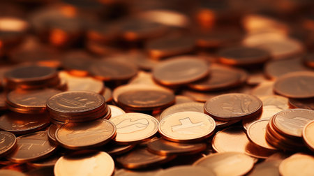 Close-up of a pile of coins. Shallow depth of field.の素材