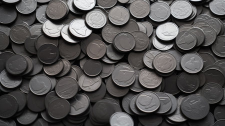 Pile of coins close-up as a background. Top view.の素材