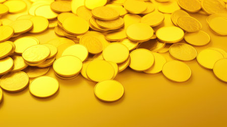 Golden coins on a yellow background. The concept of wealth and success.の素材