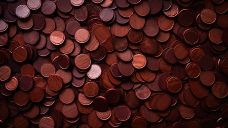 Background of many copper coins with shallow depth of field. Toned.の素材