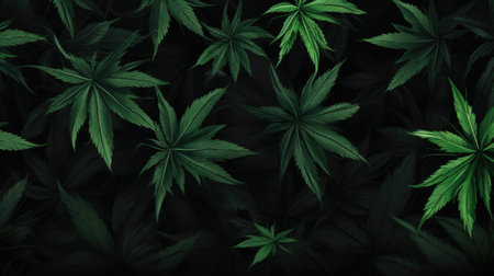 Cannabis leaves background. Green leaves of marijuana on dark backgroundの素材