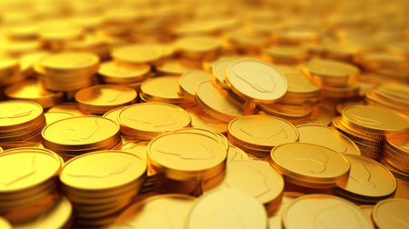 Golden coins background with shallow depth of field. 3D illustration.の素材