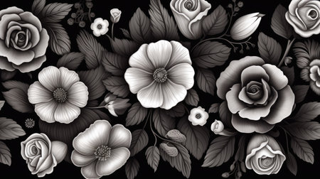 Seamless pattern with black and white flowers. Vector illustration.の素材