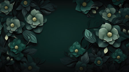 Dark green floral background with flowers and leaves. 3D illustration.の素材