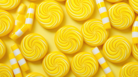 Yellow candies on a yellow background. Top view. Flat lay.の素材