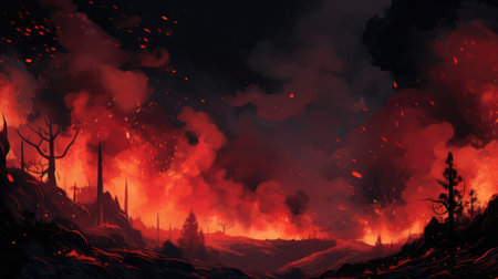 Fantasy landscape with big fire in the forest. 3d illustrationの素材