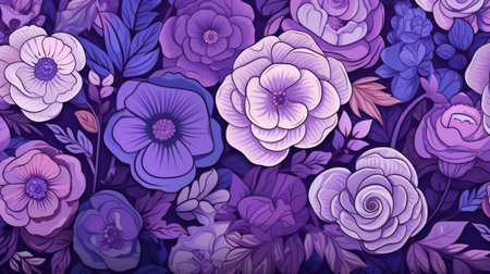 Seamless pattern with violet flowers and leaves. Vector illustration.の素材