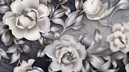 3d illustration, gray background with white flowers and silver leaves.の素材