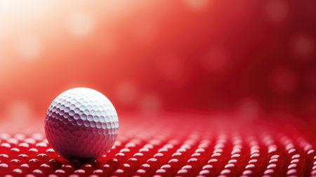 Golf ball on red background with bokeh effect and copy spaceの素材