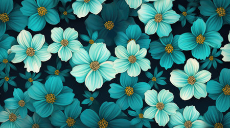 Seamless floral pattern with blue daisy flowers on dark backgroundの素材