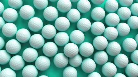 White golf balls on green background. Abstract background. 3D rendering illustrationの素材